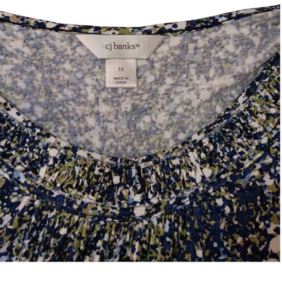 CJ BANKS Stretchy Peasant Top‎ 1X Gathered Ditsy Print Artsy Comfort Casual Work - Picture 5 of 6